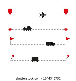 Cargo transportation icon set and route template. Various map markers. Airplane, container ship, wagon, railway car silhouette icons. Vector illustration.