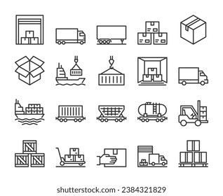 Cargo transportation icons. Trucking industry line icon set. Editable Stroke.