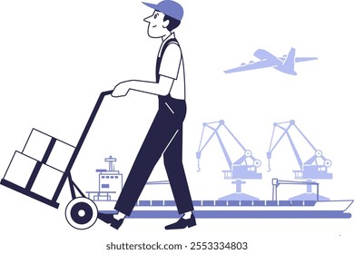Cargo transportation illustration. A loader with a cargo trolley against the background of a container ship and port cranes.