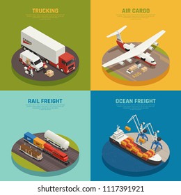Cargo transportation including ocean and rail freight air delivery trucking isometric design concept isolated vector illustration