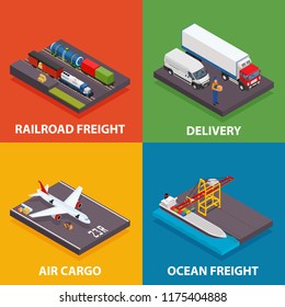Cargo transportation including ocean and railroad freight, air delivery, trucking - vector isometric design concept illustration