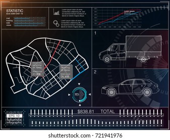 Cargo transportation infographics, a template application for the delivery of goods. Cargo delivery map. Futuristic information display. Easy color change. The elements that have been clipped.