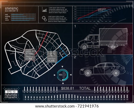 Cargo transportation infographics, a template application for the delivery of goods. Cargo delivery map. Futuristic information display. Easy color change. The elements that have been clipped.