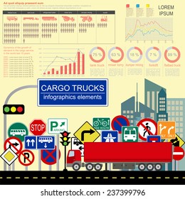 Cargo transportation infographics, trucks, lorry. Elements infographics.  Vector illustration