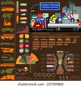 Cargo transportation infographics, trucks, lorry. Elements infographics.  Vector illustration