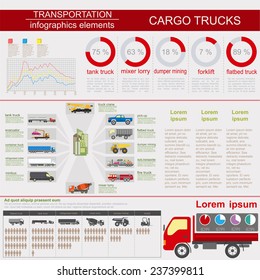 Cargo transportation infographics, trucks, lorry. Elements infographics.  Vector illustration