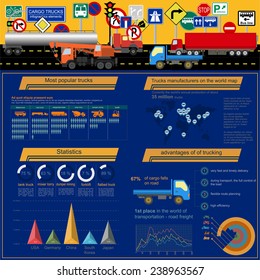 Cargo transportation infographics, trucks, lorry. Elements infographics.  Vector illustration