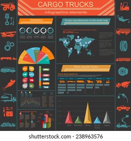 Cargo transportation infographics, trucks, lorry. Elements infographics.  Vector illustration