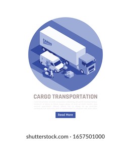 Cargo transportation isometric design concept with truck and city transport intended for delivery of various cargoes vector illustration