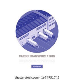 Cargo transportation isometric round background with trucks leaving warehouse for delivery goods vector illustration