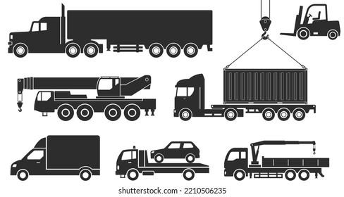 Cargo transportation and loading of goods. Construction machines vector icons set.
