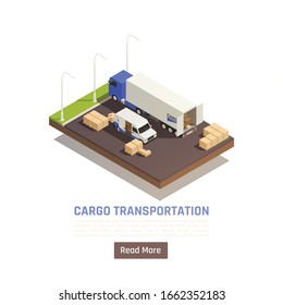 Cargo Transportation Logistic Delivery Isometric Background With Read More Button Text And Truck On Parking Lot Vector Illustration