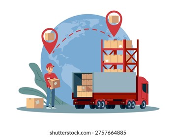 Cargo transportation. Logistics and delivery, storage racks with boxes on pallets, placemarks on map, global international logistics, warehouse distribution, vector cartoon flat style isolated concept