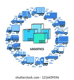 Cargo transportation and logistics round concept with different types of trucks in flat style.