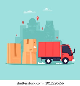 Cargo transportation, moving to a new apartment, boxes with things. Flat vector illustration in cartoon style.