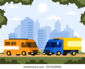 Cargo transportation. Red mini van. Minibus. Blue truck vehicle with yellow body. City park against the backdrop of skyscrapers. Outdoor leisure. Town landscape. Vector graphics