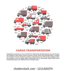 Cargo transportation round concept with different types of trucks in flat style.