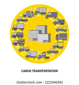 Cargo transportation round concept with different types of trucks in flat style.