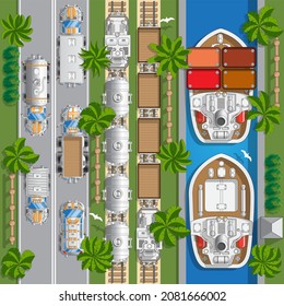 Cargo transportation. Sea, rail and road transport. View from above. Vector illustration.