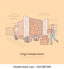 Cargo transportation service, delivery boy carrying box to truck, warehouse worker, courier loading containers banner