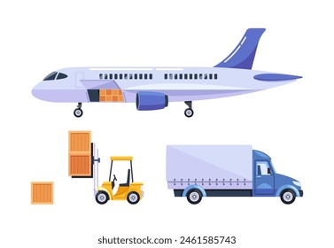 Cargo Transportation Vector Set Showcasing Airplane With Cargo, Delivery Truck And Forklift Actively Engaged In Packages