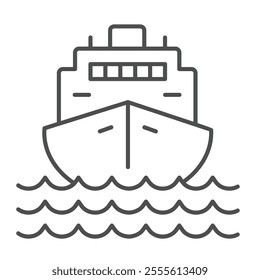 Cargo transportation vessel thin line icon, marine port concept. Vector graphics. Water shipping, sea delivery sign on white background, outline style icon for mobile or web design