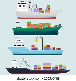 Cargo, trawler ships vector image design set. 