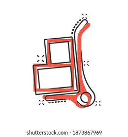 Cargo trolley icon in comic style. Delivery box cartoon vector illustration on white isolated background. Box shipping splash effect business concept.
