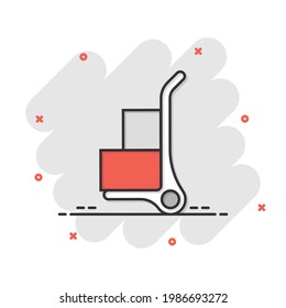 Cargo trolley icon in comic style. Delivery box cartoon vector illustration on white isolated background. Box shipping splash effect business concept.