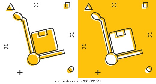 Cargo trolley icon in comic style. Delivery box cartoon vector illustration on white isolated background. Box shipping splash effect business concept.