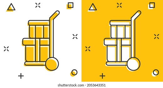 Cargo trolley icon in comic style. Delivery box cartoon vector illustration on white isolated background. Box shipping splash effect business concept.