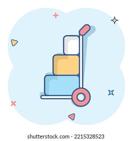 Cargo trolley icon in comic style. Delivery box cartoon vector illustration on white isolated background. Box shipping splash effect business concept.