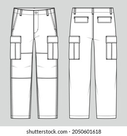Cargo trousers. Men's casual wear. Vector technical sketch. Mockup template.