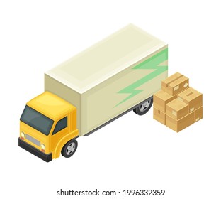 Cargo Truck Carrying Parcels as Warehouse Logistics Isometric Vector Illustration