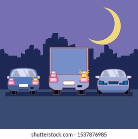 cargo truck and cars parked over night landscape, colorful design. vector illustration