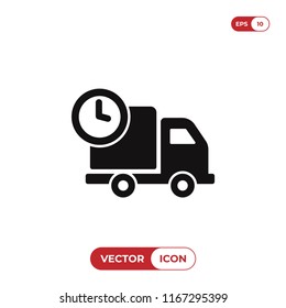 Cargo truck and clock vector icon. Delivery van,time symbol. Flat vector sign isolated on white background. Simple vector illustration for graphic and web design.