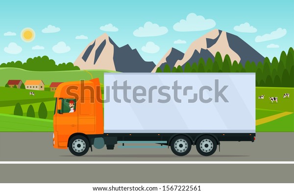 Cargo truck with a driver on a landscape\
background. Vector flat style\
illustration.