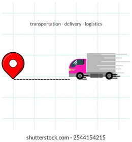 The cargo truck drove towards the delivery location. pink truck. distance and location. fast delivery. online shopping. logistics distribution. lorry. vector illustration. package