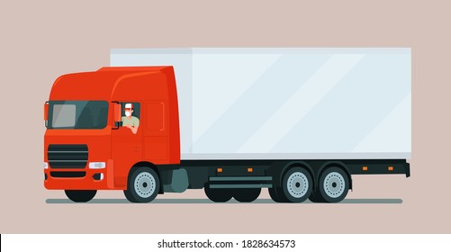 Cargo truck with a face masked driver isolated. Vector flat style illustration.