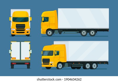 Cargo truck four angle set. Truck side, back and front view. Vector flat style illustration.