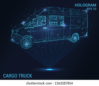 Cargo truck hologram. Holographic projection of a cargo truck. Flickering energy flux of particles. Scientific design of cargo transportation