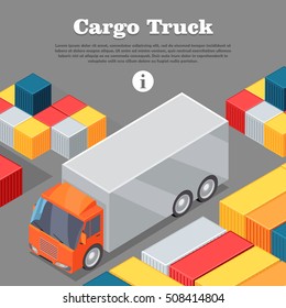 Cargo truck and intermodal containers web banner. Delivery vehicle. Truck specialized to deliver goods. Semi-trailer, box trailers. Dump truck. Used deliver cargo. Advanced delivery van. Vector