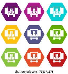 Cargo truck with load icon set many color hexahedron isolated on white vector illustration