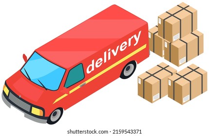 Cargo truck loading parcel package boxes or delivery van vehicle isolated on white, industrial automobile, car with freight, idea of postal logistics or warehouse courier, commercial transport