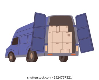 Carregamento de caminhão de carga caixas de pacote de encomendas ou veículo de van de entrega, automóvel industrial, carro com frete, ideia de logística postal ou correio de armazém, transporte comercial, transporte internacional de transporte