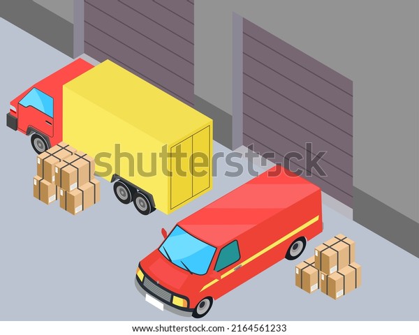 Cargo truck loading parcel package boxes or\
delivery van vehicle vector illustration, industrial automobile or\
car with freight, idea of postal logistics or warehouse courier,\
commercial transport