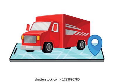 Coche de carga con Ilustración de vectores de punto de destino y mapa