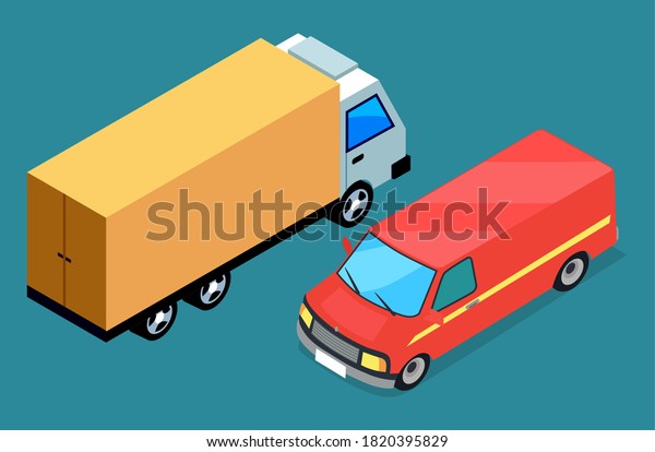 Cargo truck and minibus motor vehicle. Free
delivery vector car icon isolated on blue background. Logistic
transport, Automobile with place for transportation of goods, auto
vector illustration