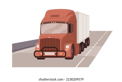 Cargo truck on highway. American lorry, heavy-weight road transport. Commercial semi-trailer on motorway. International freight, goods delivery. Flat vector illustration isolated on white background