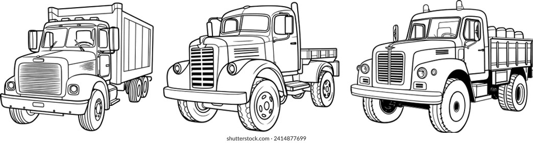 Cargo Truck outline vector illustration, Black and White Truck coloring page, set of truck coloring page elements